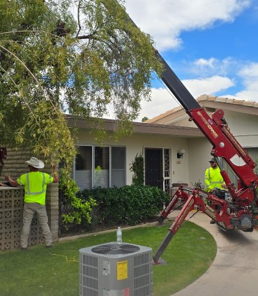 Crane lowering a new condensing unit into a Peoria back yard